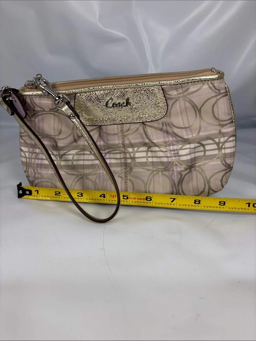 Coach Metallic Logo Wristlet in Beige and Gold